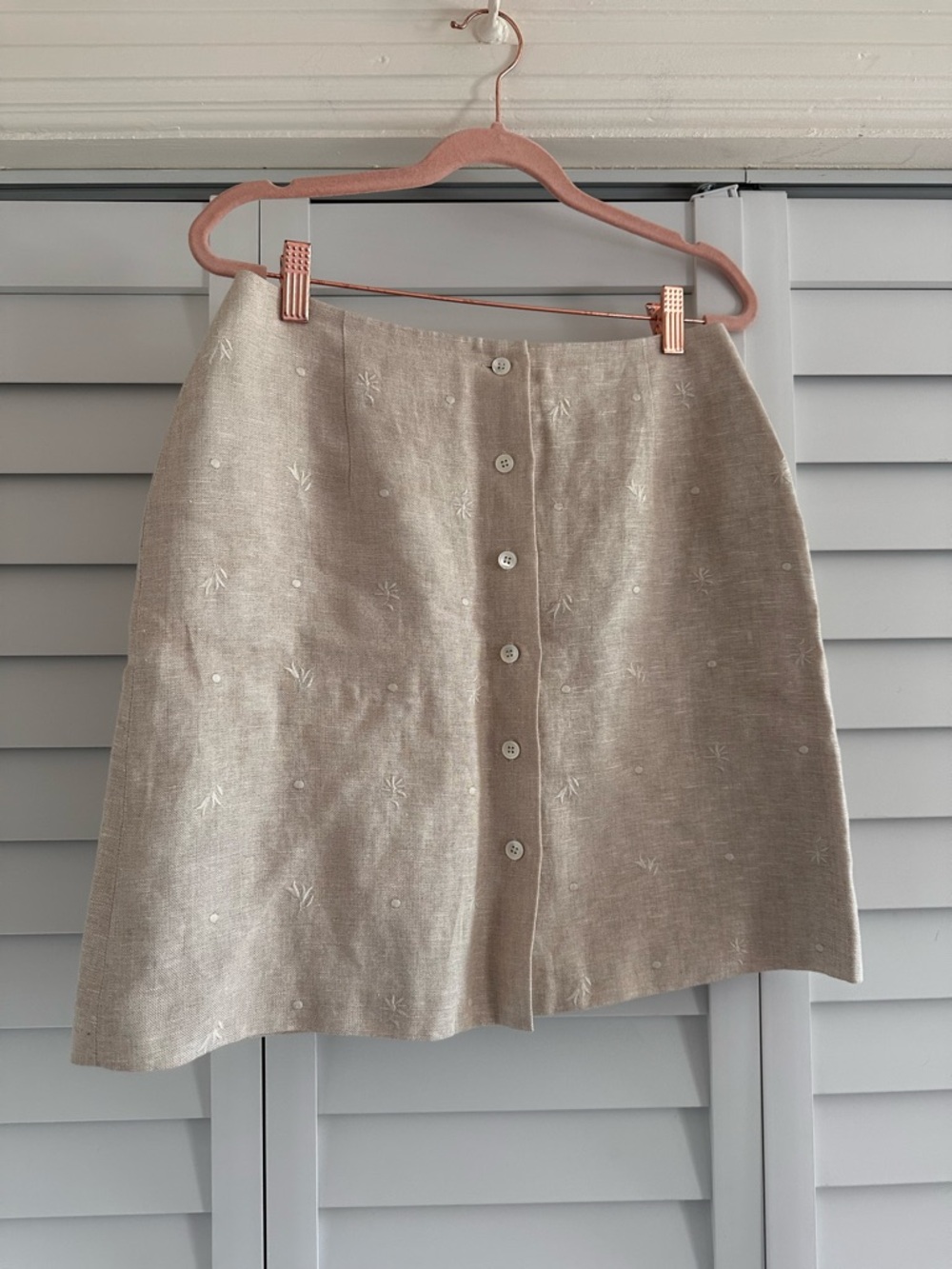 VTG Talbots Linen Beige Button-Front Embroidered A-Line Skirt